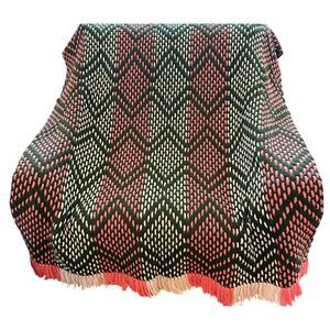 Vintage Handmade Coral Pink Brown Crochet Blanket Retro Boho 82x58